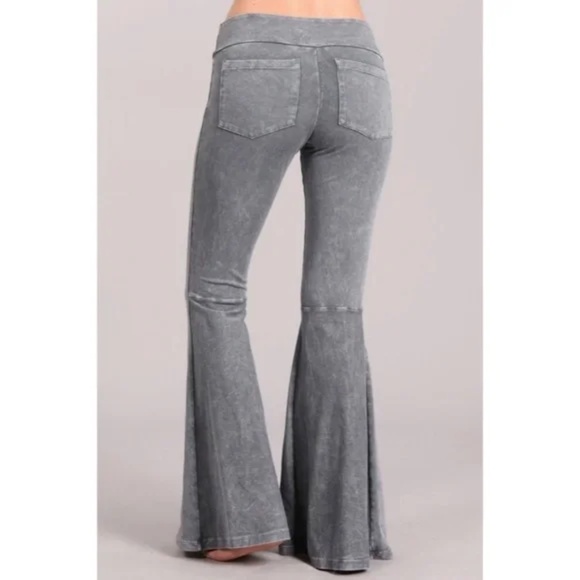 Light Gray Mineral Wash French Terry Flared Bell Bottom Pull On Pants w/ Pockets - Picture 2 of 5
